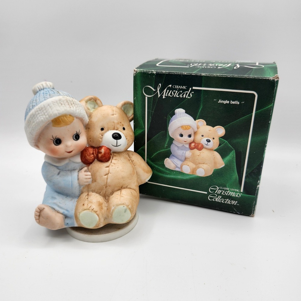Classic Living‎ Ceramic Musical Figurine Jingle Bells Boy Teddy Bear 74-2729